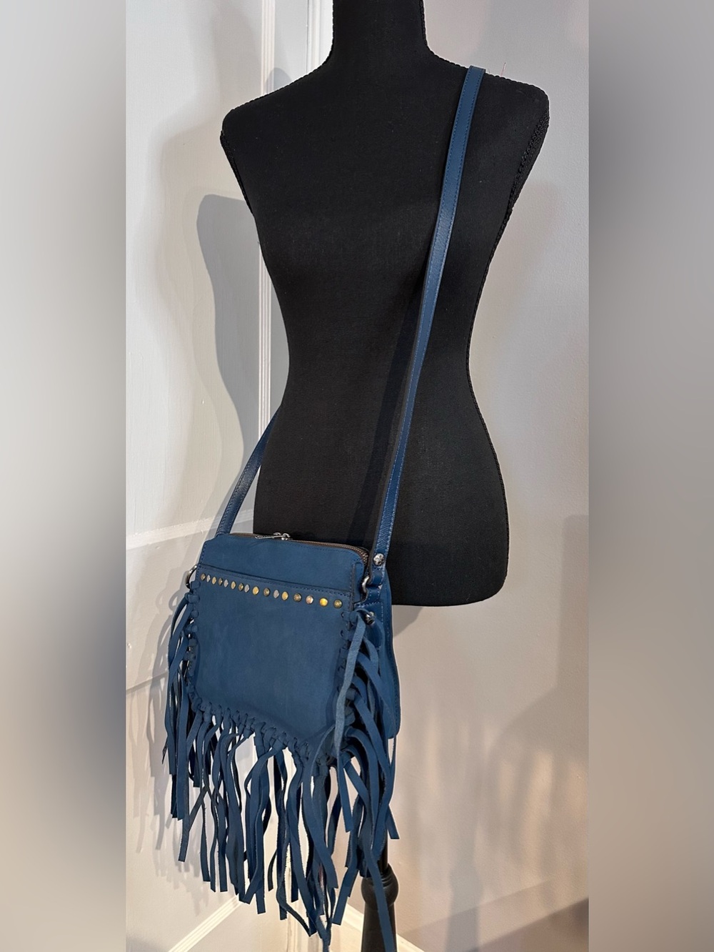 Patricia Nash Nazaire Nubuck Suede Fringed Crossbody Cerulean Blue *RARE COLOR*